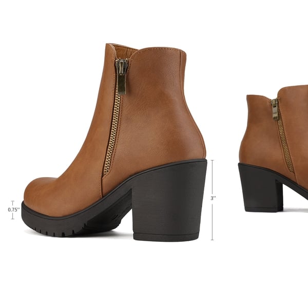 Comfortable Low Heel Chunky Ankle Boots - TAN PU - 2